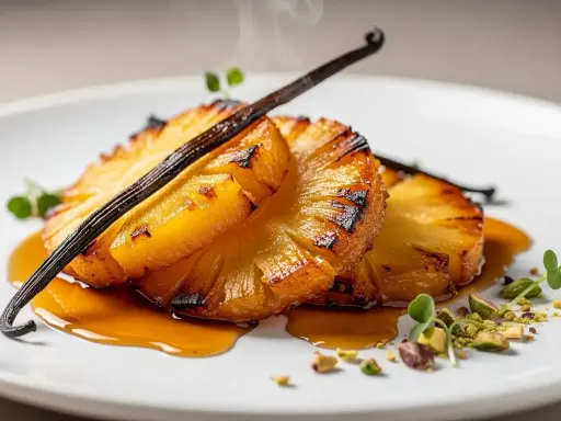 Ananas rôti à la poêle, caramélisé et fumant, garni d'une gousse de vanille et de pistaches concassées. Un délice visuel et gustatif.
