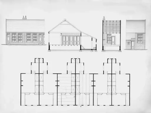 Rysunki architektoniczne: elewacje, przekrój i rzut parteru budynku. Pokazują rozmieszczenie pomieszczeń i ich całkowita powierzchnia.