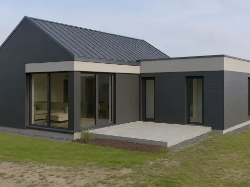 Nowoczesna dobudówka do starego domu, z dużymi przeszkleniami i grafitową elewacją. Projekty takich rozbudów to świetny pomysł na powiększenie przestrzeni.