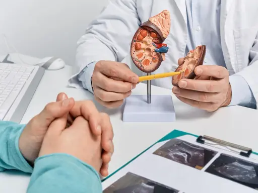 Lekarz wyjaśnia pacjentowi budowę nerki, omawiając szczegóły przed biopsją nerki.