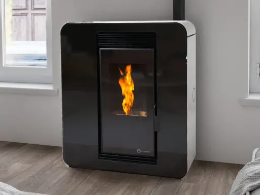 Estufa de pellets moderna con llama encendida, lista para la instalación. Calienta tu hogar con estilo.