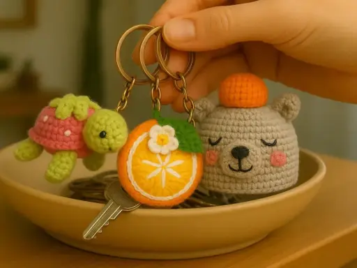 Llaveros a crochet para hombres: una tortuga fresa, una rodaja de naranja y un osito con gorro.