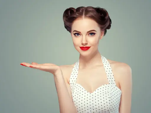 Kobieta w stylu pin up, z burzą loków i czerwoną szminką, prezentuje dłoń. To lata 50. w pełnej krasie.
