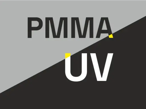 PMMA UV – co to jest? Prosty tekst na tle dzielonym na szaro-czarne.