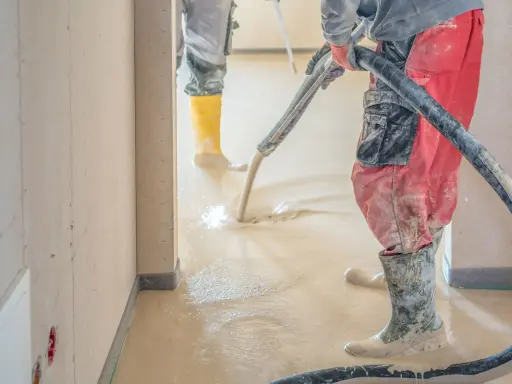Arbeiter verlegen Estrich mit einer Pumpe. Der flüssige Estrich fließt auf den Boden und wird verteilt.