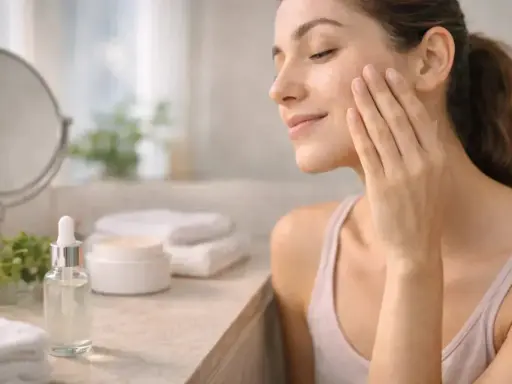 Une femme applique délicatement un sérum sur son visage, un geste simple pour apprendre comment appliquer un sérum et sublimer sa peau.