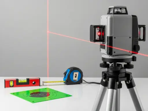 Poziomica laserowa z czerwonymi liniami, miarką, tarczą celowniczą i poziomicą libellową.