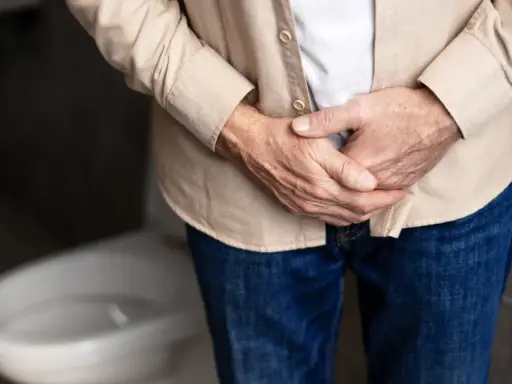 Mężczyzna trzyma się za podbrzusze, zastanawiając się, jakie badania na prostate są najlepsze.