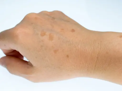 Gros plan sur le dos d'une main montrant plusieurs taches brunes sur la peau, signes du temps ou du soleil.