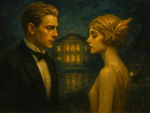 Coppia elegante davanti a una villa illuminata, evocando la trama de "Il grande Gatsby" e i suoi sogni dorati.