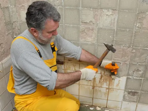 Un homme en salopette jaune utilise un marteau pour enlever le carrelage mural, révélant le plâtre en dessous.