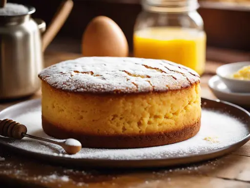 Gâteau génoise saupoudré de sucre glace, prêt à être dégusté. Les ingrédients pour sa cuisson sont visibles en arrière-plan.
