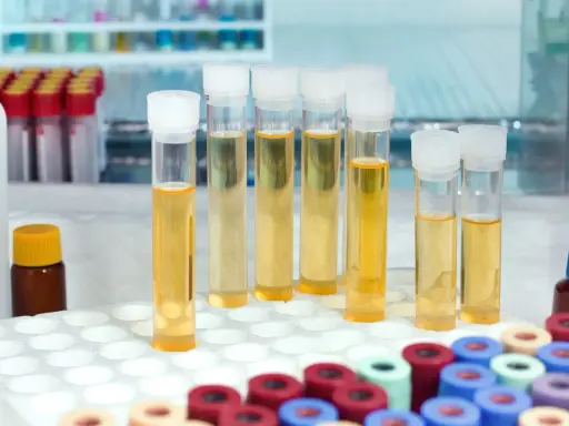 W probówkach laboratoryjnych widać żółtawy płyn, który może wskazywać na mętny mocz.