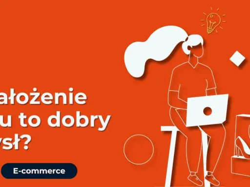 Grafika zachęca do rozważenia założenia sklepu internetowego. Kobieta z laptopem i żarówką nad głową symbolizuje pomysł na e-commerce.
