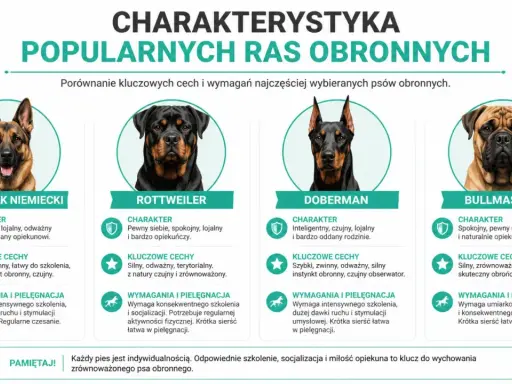 Cztery popularne rasy psów obronnych: owczarek niemiecki, rottweiler, doberman i bullmastiff. Te **małe psy** (w porównaniu do innych ras obronnych) mają różne cechy charakteru i wymagania.