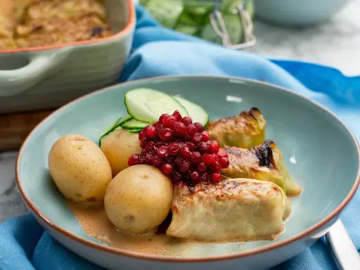 Kåldolmar recept: Varma kåldolmar med kokt potatis, lingon och gurka. En klassisk svensk rätt som passar perfekt till middag.