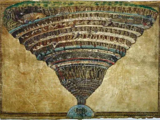 Illustrazione dettagliata de l'inferno di Dante, con i suoi gironi a imbuto e le anime dannate.