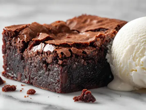 Un carré de tarte brownie, dense et chocolaté, avec une boule de glace à la vanille fondante. Un délice gourmand.