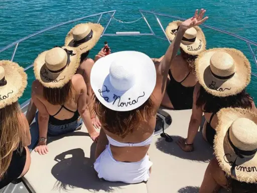 Grupo de amigas en un barco celebrando unas divertidas ideas despedida de soltera. Llevan sombreros de paja con nombres bordados, uno dice "La Novia".