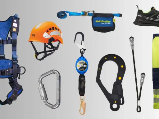 Equipo de seguridad para epis taller: arnés, casco, mosquetones, anticaídas, calzado y pantalón de alta visibilidad.