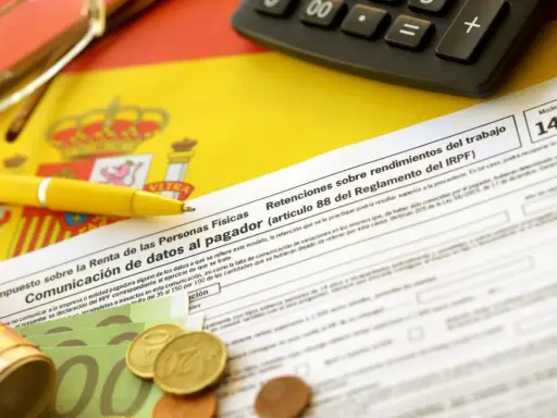 Documentos fiscales españoles, calculadora, bolígrafo amarillo y dinero, listos para cuando se pagan impuestos en España.