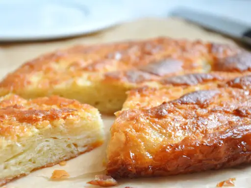 Saftige Kouign Amann mit karamellisierter Kruste, geschichtet und goldbraun gebacken.