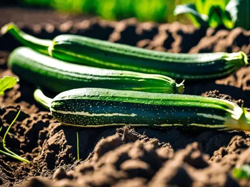 Trois courgettes vertes, fruits ou légumes, reposent sur la terre. Leurs rayures claires et leurs points blancs ressortent sur le sol brun.