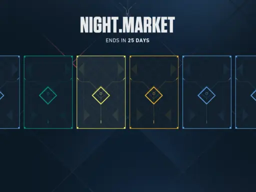 Nocny rynek Valorant: sześć kart z niebieskimi, zielonymi i żółtymi ramkami, każda z symbolem rombu.