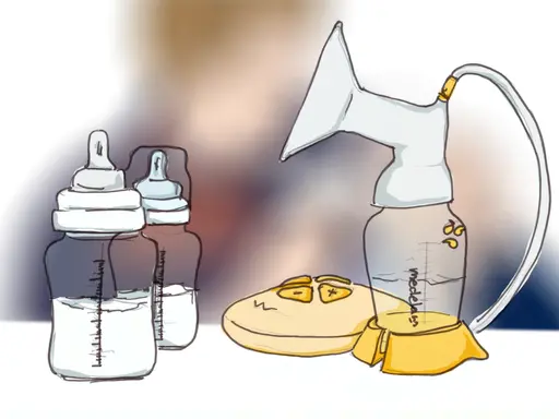 Zwei Milchflaschen und eine Milchpumpe. Die Flasche der Milchpumpe ist fast leer, was darauf hindeutet, dass beim Abpumpen kaum Milch kommt.