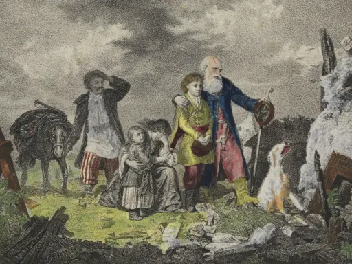Rodzina w drodze, być może uciekająca przed jasyr. Dzieci płaczą, towarzyszy im pies i osiołek.