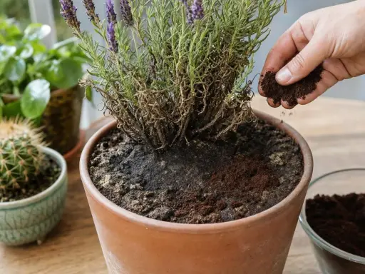 Une main saupoudre du marc de café répulsif autour d'une plante en pot. D'autres plantes sont visibles en arrière-plan.