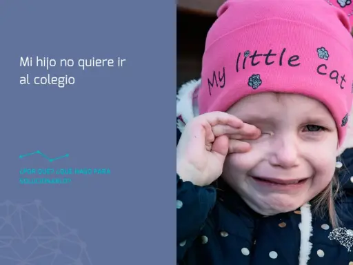 Niña llorando con gorro rosa "My little cat". El texto dice: "Mi hijo no quiere ir al colegio. ¿Por qué? ¿Qué hago para solucionarlo?".