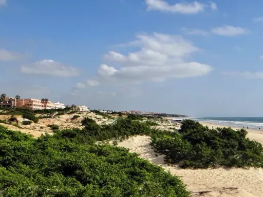 Strand von Sancti Petri mit Dünen, grüner Vegetation und Hotels am Horizont.