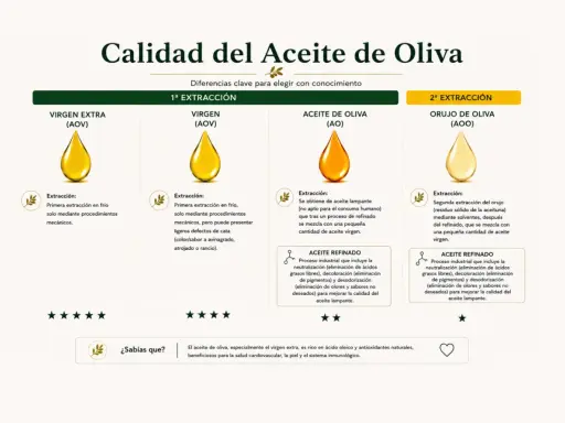 Comparativa de aceites de oliva: virgen extra, virgen, de oliva y orujo. Cada uno con su extracción y características.