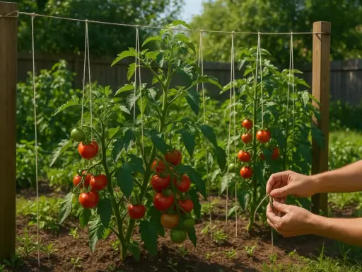 Des tomates mûres sur des plants soutenus par des fils. Une main attache un fil, montrant comment planter des tomates pour une bonne croissance.
