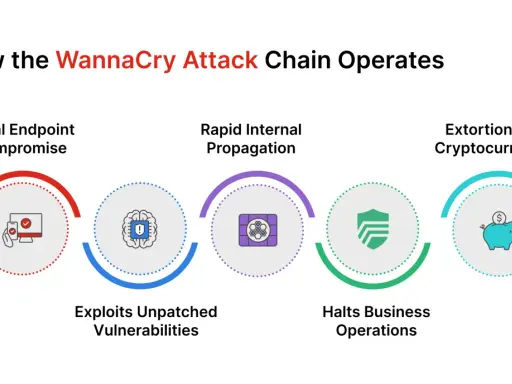 Schadsoftware-Angriffskette: WannaCry infiziert, verbreitet sich, stoppt Betrieb und fordert Lösegeld in Kryptowährung. Ransomware-Beispiele wie dieses zeigen die Gefahr.