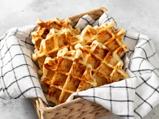 Un panier rempli de gaufres dorées, parfaites pour une recette gaufre rapide. Elles sont présentées sur une serviette à carreaux noirs et blancs.