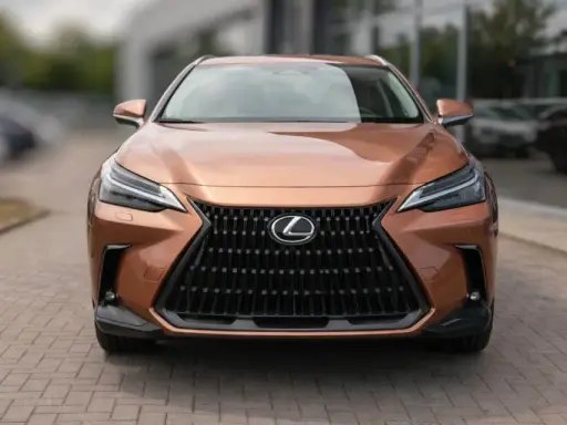 Nowy Lexus 350h w kolorze miedzianym prezentuje się elegancko przed salonem.