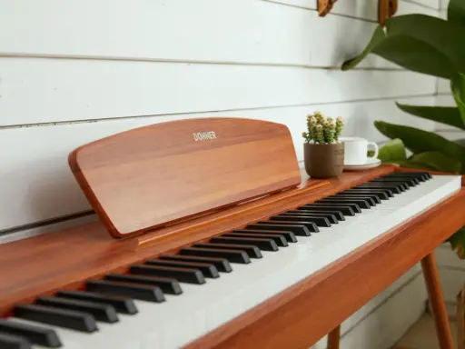 Eleganckie pianino cyfrowe Donner, idealne do nauki gry na pianinie online. Obok stoi filiżanka kawy i mała roślinka.