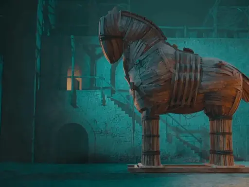 Das hölzerne trojanische Pferd, ein Symbol der List aus der Sage, steht in einer düsteren Halle.