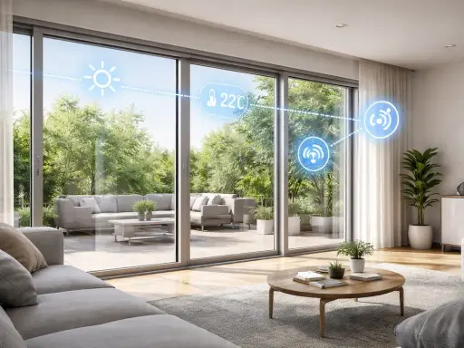 Modern living room with large sliding windows showing a patio and garden. Icons indicate smart home features like temperature control and connectivity, highlighting the **ventanas inteligentes**.