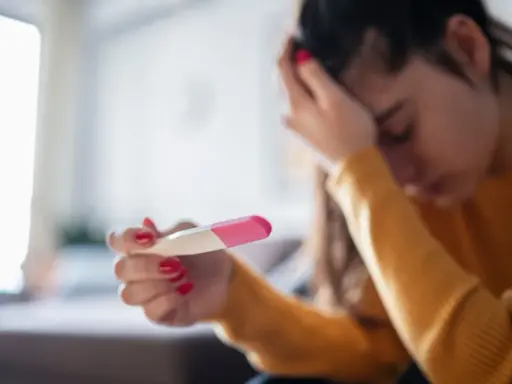 Zmartwiona kobieta trzyma test ciążowy. Czy to tokofobia, co to za lęk?