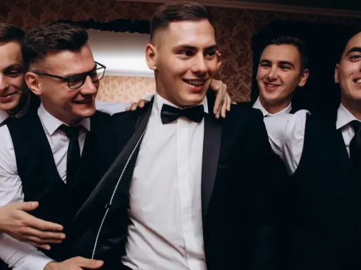 Uśmiechnięci panowie w garniturach, przygotowujący się na ekstremalny wieczór kawalerski.