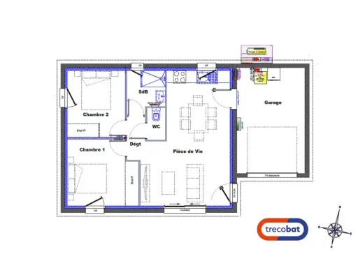 Plan d'une petite maison 50m2 avec deux chambres, une pièce de vie, une salle de bain, WC et un garage.