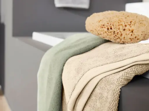 Weiche bad textilien in sanften Farben, darunter ein hellgrünes und ein beigefarbenes Handtuch, liegen neben einem natürlichen Schwamm auf der Kante einer Badewanne.