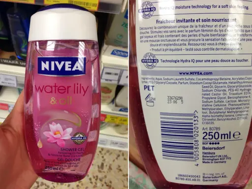 Różowy żel pod prysznic Nivea z wodną lilią i olejkami, zawierający disodium laureth sulfosuccinate, dla miękkiej skóry.
