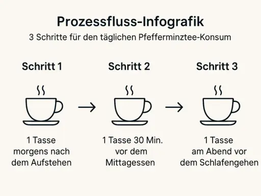 Infografik: 3 Schritte für täglichen Pfefferminztee-Konsum zur Unterstützung beim Abnehmen: morgens, mittags und abends.
