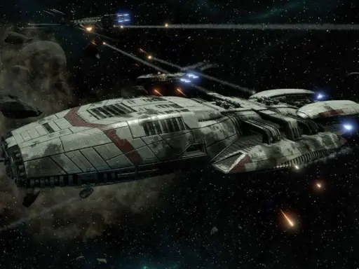 Bitwa kosmiczna w stylu Battlestar Galactica Deadlock. Statek zwiadowczy otoczony asteroidami, w tle widać inne jednostki i ślady walki.