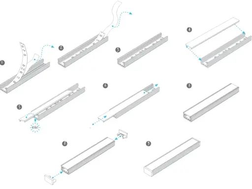 Instrukcja montażu taśmy LED w listwie aluminiowej. Krok po kroku pokazano, jak umieścić taśmę, zamknąć profil i dodać zaślepki.