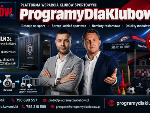 Dwie osoby prezentują platformę wsparcia klubów sportowych. Oferują pomoc w pozyskiwaniu środków, w tym subwencji, na sprzęt i infrastrukturę.